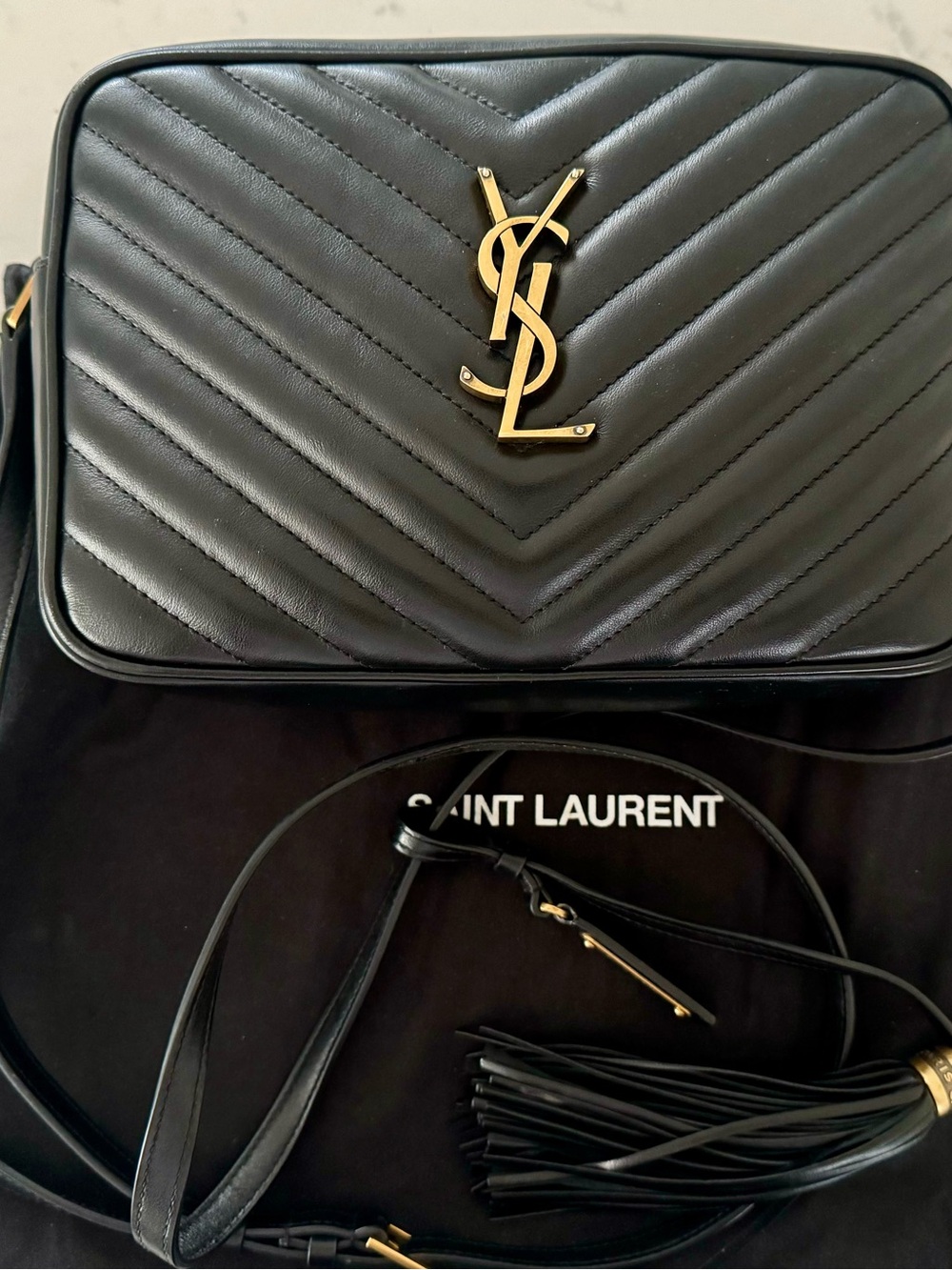 Saint Laurent Black Quilted Camera Crossbody with Gold YSL Logo and Tassel - Picture 2 of 13